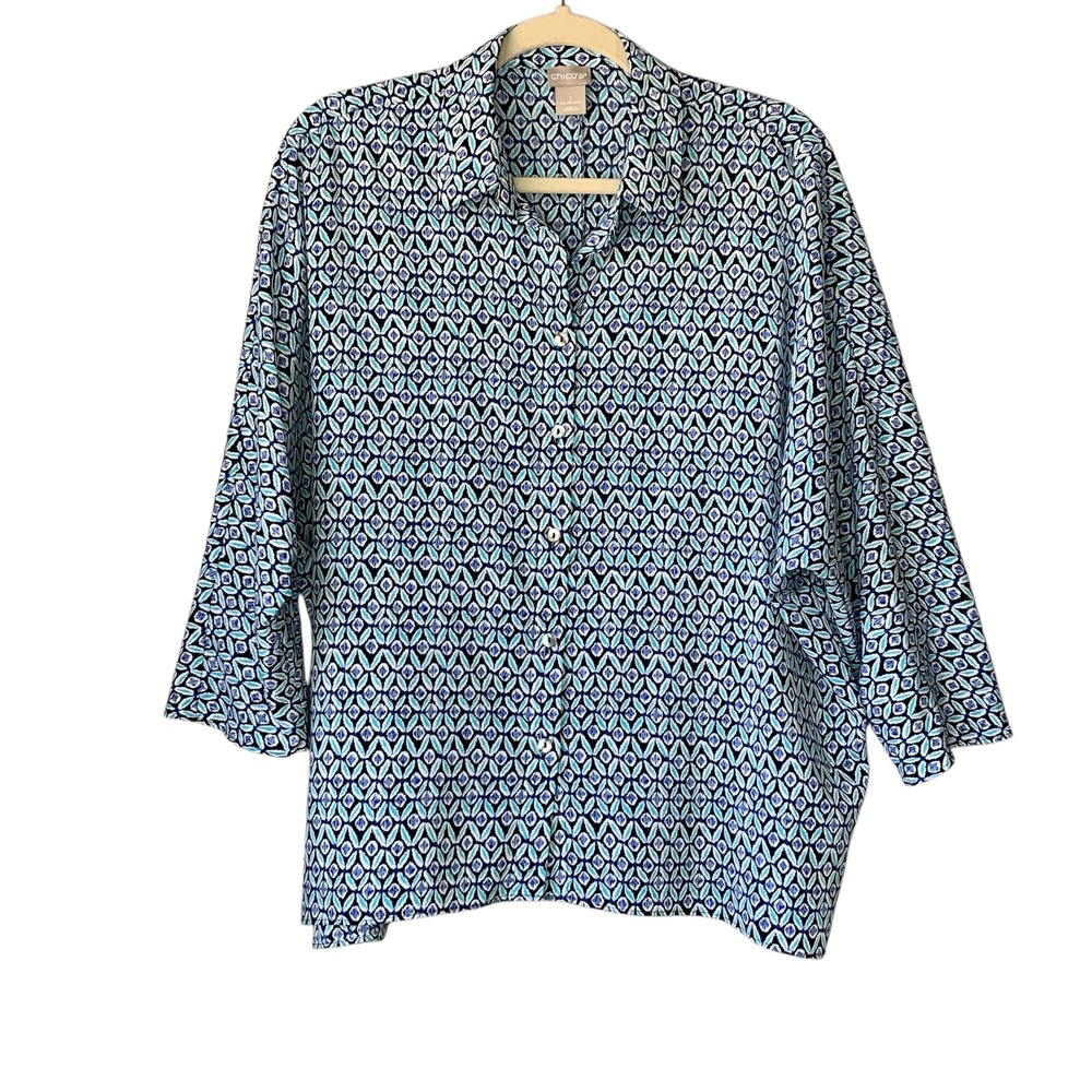 Chico's black & blue geometric dolman 3/4 length sleeve button up blouse. Size 8